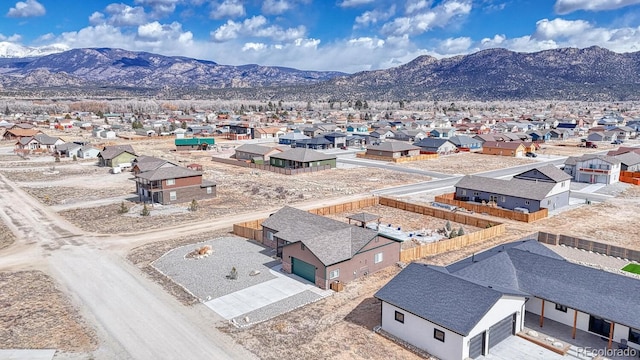 birds eye view of property with a mountain view and a residential view