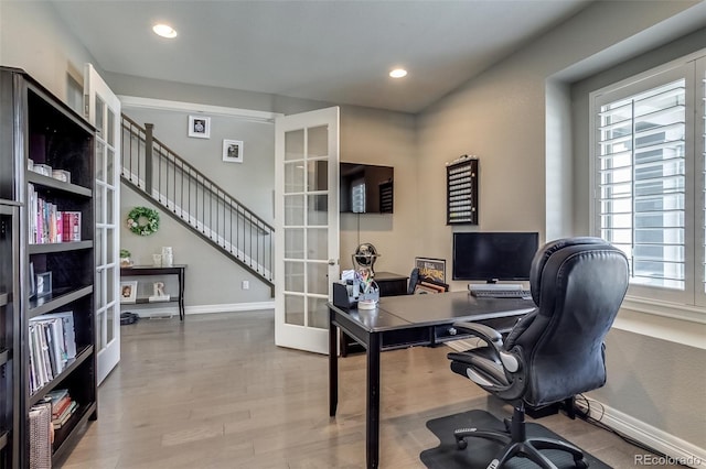 8444 E 55th Pl, Denver, CO 80238 - office featuring recessed lighting, baseboards, french doors, and wood finished floors