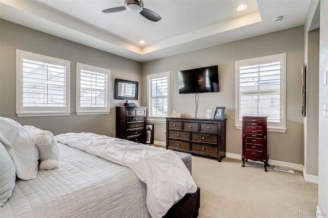 8444 E 55th Pl, Denver, CO 80238 - bedroom featuring ceiling fan, a raised ceiling, baseboards, light carpet, and recessed lighting