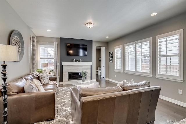 8444 E 55th Pl, Denver, CO 80238 - living area featuring wood finished floors, a high end fireplace, and recessed lighting