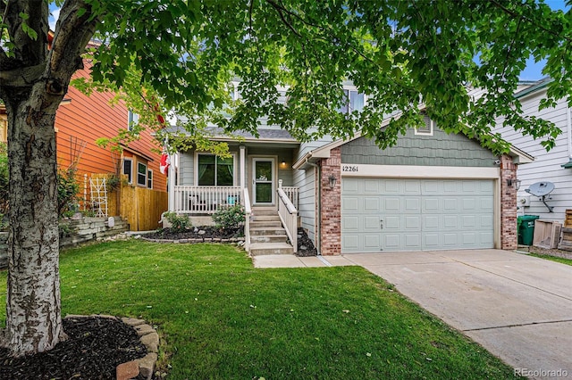 12261 N Holly Way, Brighton, CO 80602 - view of front of property with brick siding, concrete driveway, covered porch, a front lawn, and a garage