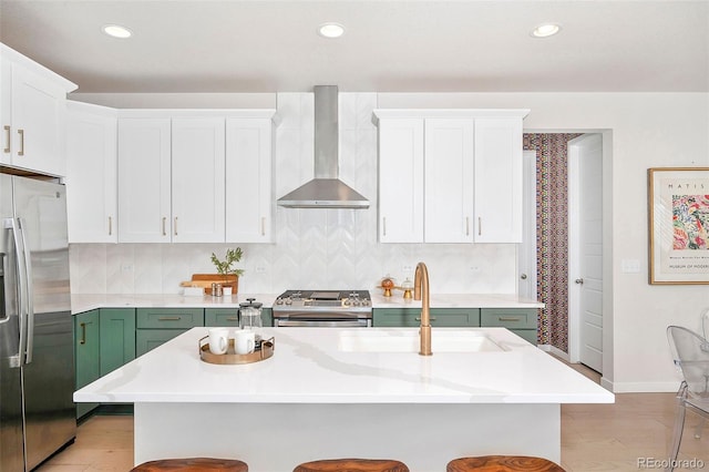 kitchen featuring appliances with stainless steel finishes, white cabinetry, sink, wall chimney range hood, and a center island with sink