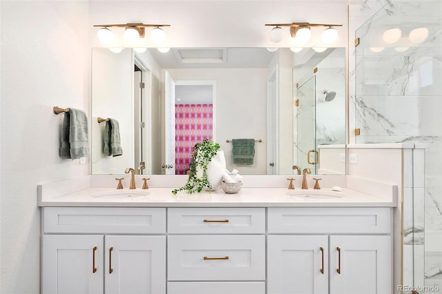 bathroom with vanity and an enclosed shower