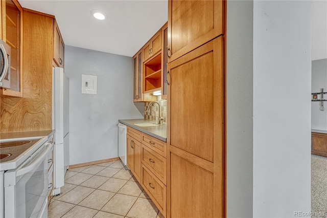 kitchen with light tile patterned floors, white appliances, a sink, decorative backsplash, and open shelves