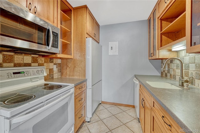 kitchen with light tile patterned floors, white appliances, a sink, open shelves, and tasteful backsplash