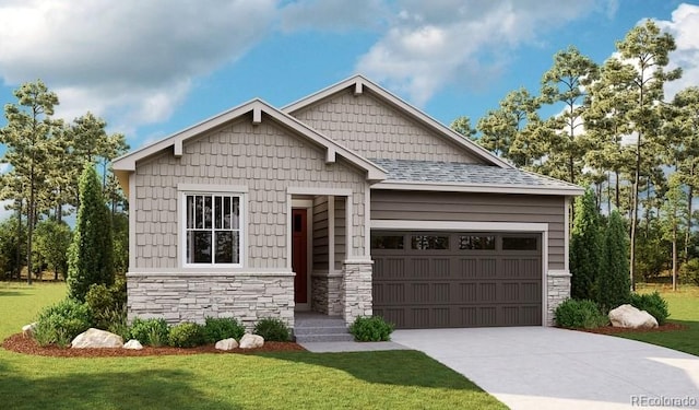 craftsman inspired home with a garage and a front yard