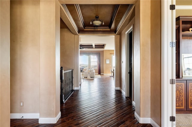 hall featuring baseboards, a tray ceiling, hardwood / wood-style flooring, and crown molding