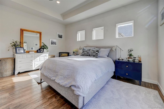 bedroom featuring a raised ceiling and wood-type flooring