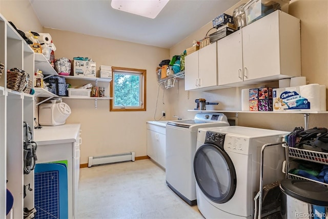 1361 Bross Ct, Evergreen, CO 80439 - washroom with baseboard heating, cabinet space, independent washer and dryer, and light carpet