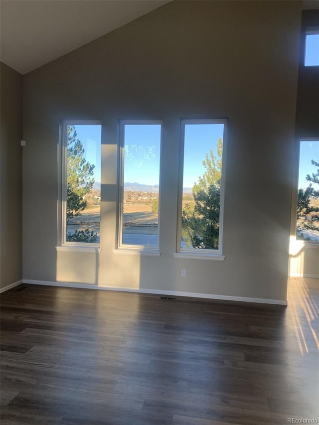 unfurnished room with lofted ceiling and dark hardwood / wood-style floors