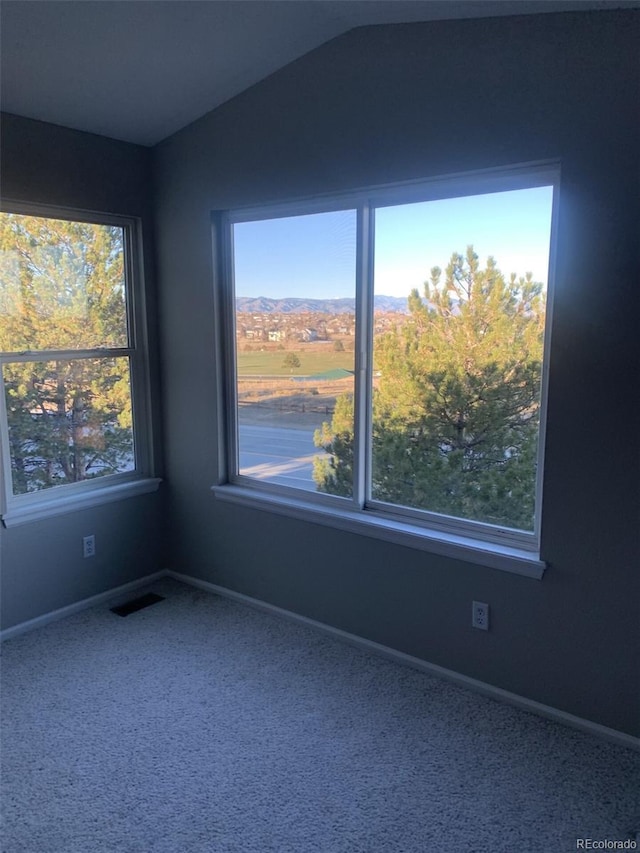 unfurnished room featuring carpet and vaulted ceiling