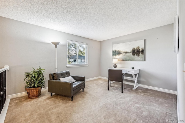 office space featuring carpet, baseboards, and a textured ceiling