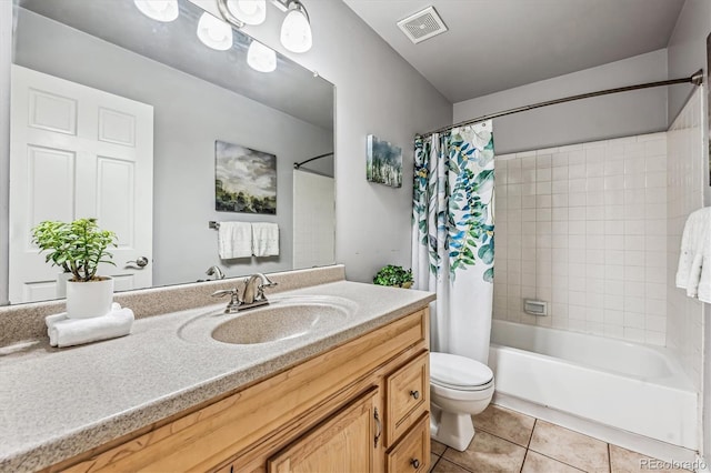 full bath featuring shower / tub combo, visible vents, toilet, tile patterned flooring, and vanity