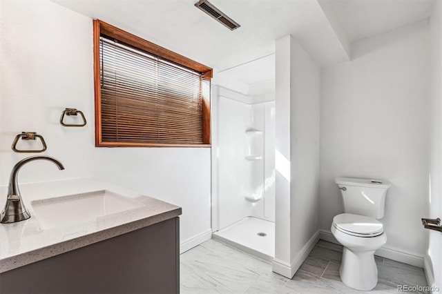 bathroom with marble finish floor, visible vents, toilet, a sink, and a shower stall