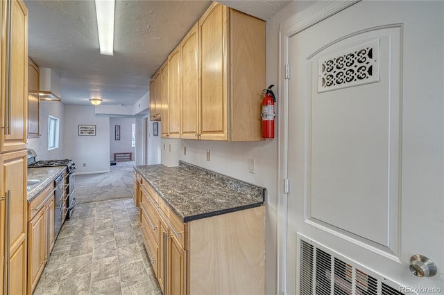 kitchen with dark countertops, light brown cabinets, gas stove, and stone finish flooring