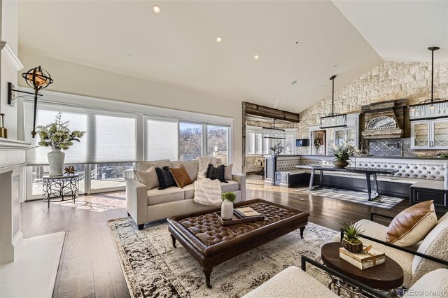 living room featuring light hardwood / wood-style floors and high vaulted ceiling