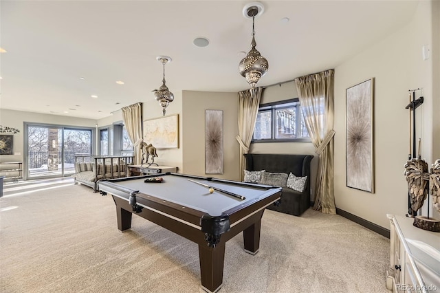 playroom featuring light colored carpet and pool table