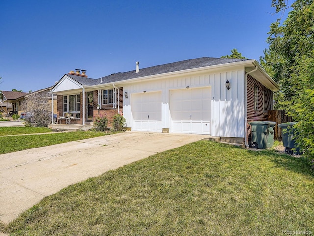 10736 Logan Ct, Northglenn, CO 80233 - ranch-style house featuring board and batten siding, a garage, a front lawn, driveway, and brick siding
