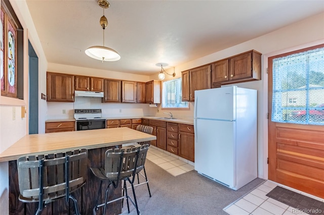 13705 County Road 45, Coaldale, CO 81222 - kitchen featuring white appliances, under cabinet range hood, light countertops, a peninsula, and brown cabinets