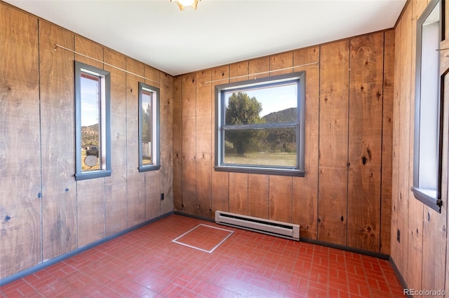 13705 County Road 45, Coaldale, CO 81222 - spare room featuring a baseboard radiator, brick patterned flooring, and wooden walls