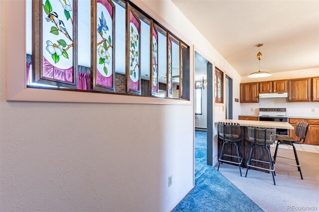 13705 County Road 45, Coaldale, CO 81222 - kitchen with light carpet, brown cabinetry, white electric range oven, under cabinet range hood, and hanging light fixtures