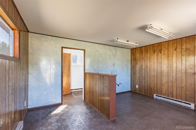 13705 County Road 45, Coaldale, CO 81222 - spare room with a baseboard heating unit, dark flooring, wood walls, and bar area