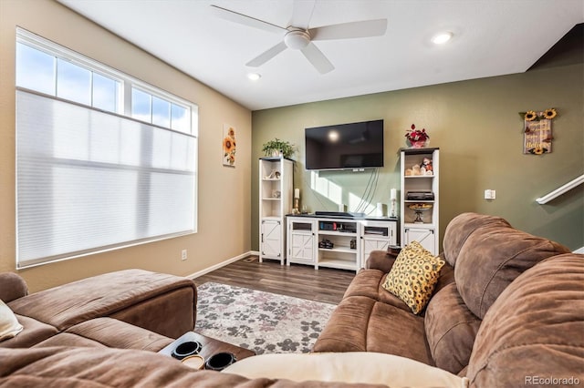 living room with ceiling fan, baseboards, wood finished floors, and recessed lighting