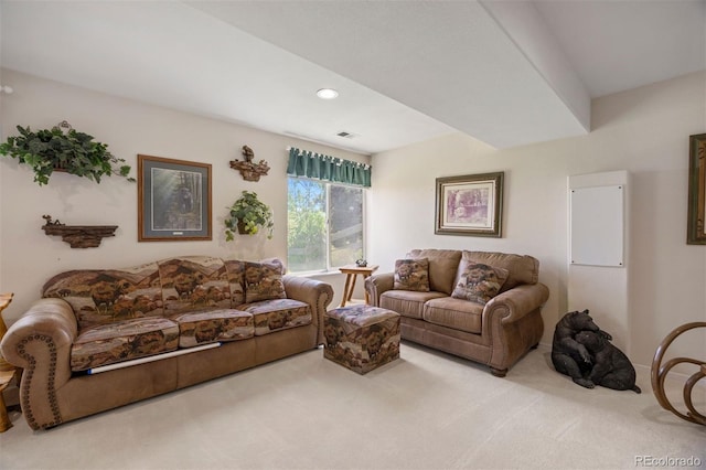 carpeted living room featuring recessed lighting