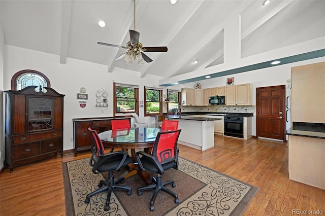 17852 E Long Ave, Centennial, CO 80016 - dining area with a ceiling fan, beam ceiling, light wood finished floors, high vaulted ceiling, and recessed lighting