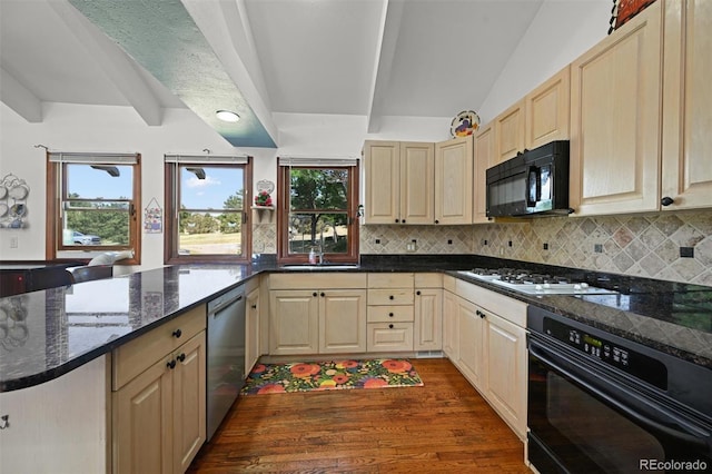 17852 E Long Ave, Centennial, CO 80016 - kitchen featuring black appliances, dark wood-type flooring, backsplash, and light brown cabinetry