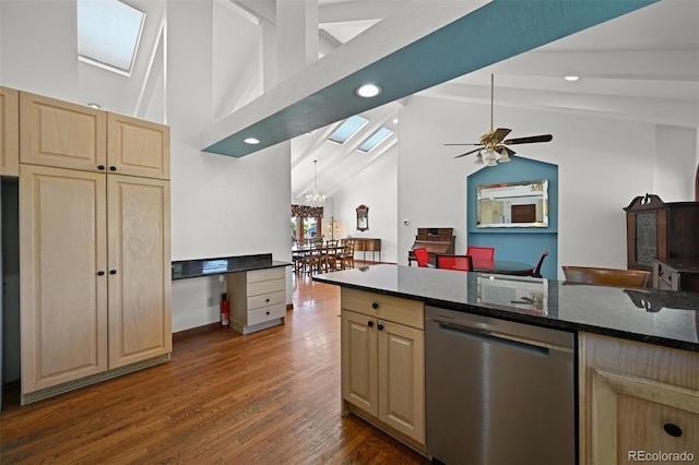 17852 E Long Ave, Centennial, CO 80016 - kitchen featuring dishwasher, light brown cabinetry, dark wood-style floors, a skylight, and dark stone countertops