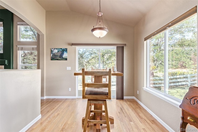 interior space with a wealth of natural light, vaulted ceiling, and light hardwood / wood-style floors