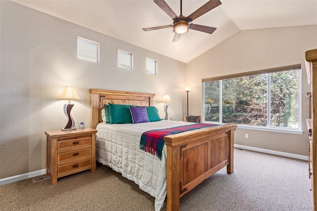 carpeted bedroom with lofted ceiling and ceiling fan