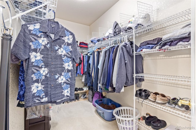 spacious closet with carpet flooring and vaulted ceiling