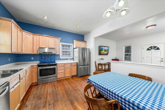 151 Marchant St, Black Hawk, CO 80422 - kitchen featuring appliances with stainless steel finishes, under cabinet range hood, light brown cabinetry, wood-type flooring, and light countertops