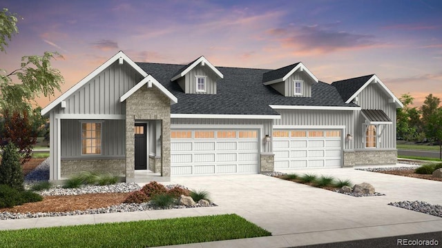 modern farmhouse style home featuring stone siding, a shingled roof, board and batten siding, and concrete driveway