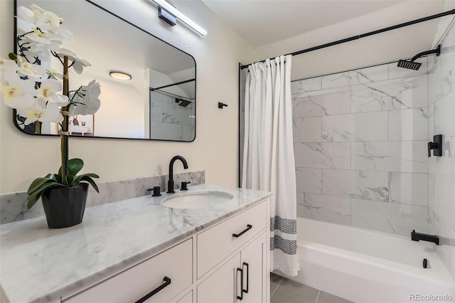 full bathroom with tile patterned flooring, vanity, and shower / bathtub combination with curtain