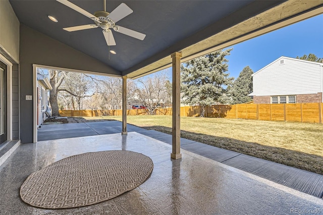 view of patio / terrace featuring a fenced backyard and ceiling fan