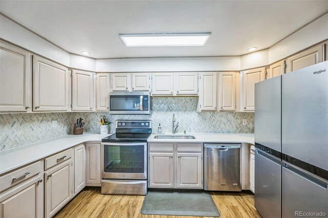 3240 Iris Ave Unit G409, Boulder, CO 80301 - kitchen with appliances with stainless steel finishes, a sink, light wood-style flooring, backsplash, and light countertops