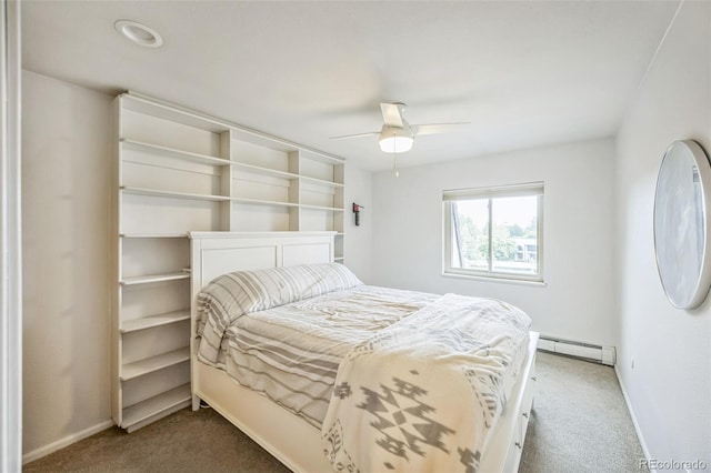 3240 Iris Ave Unit G409, Boulder, CO 80301 - bedroom with carpet floors, a baseboard radiator, baseboards, and a ceiling fan