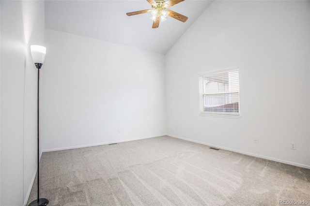 2870 Harrisburg Way, Colorado Springs, CO 80922 - carpeted spare room featuring high vaulted ceiling, baseboards, a ceiling fan, and visible vents