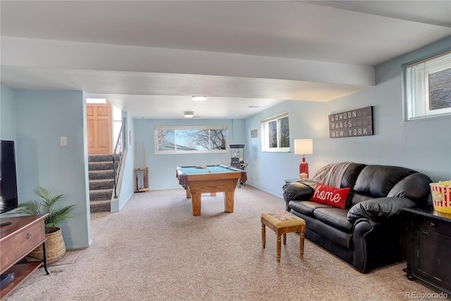 game room with pool table and light colored carpet