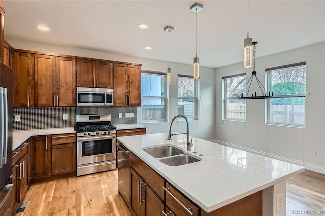 kitchen featuring a sink, backsplash, light wood-type flooring, and appliances with stainless steel finishes