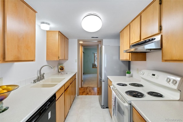 kitchen featuring black dishwasher, white range with electric cooktop, and sink