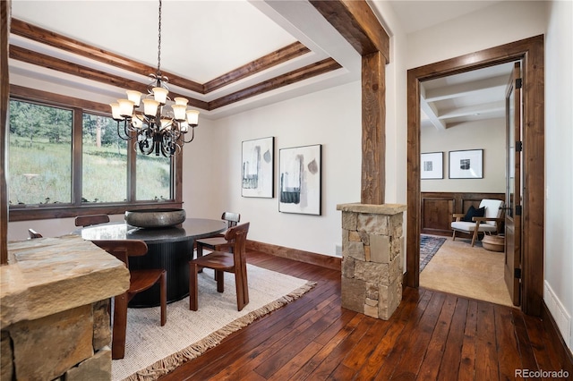 dining room featuring baseboards, a raised ceiling, dark wood-type flooring, beam ceiling, and a notable chandelier