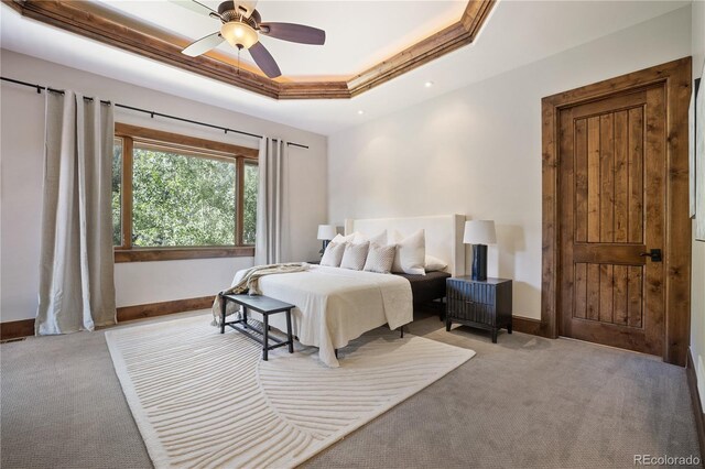 bedroom featuring a raised ceiling, ceiling fan, and carpet