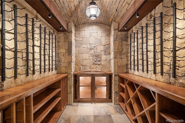 wine area with brick ceiling and track lighting