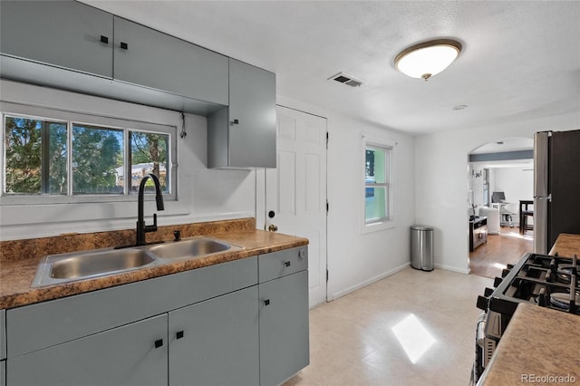 kitchen with a textured ceiling, gray cabinets, sink, and stainless steel appliances