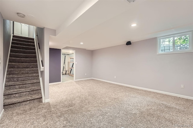 6492 Simms St Unit A, Arvada, CO 80004 - basement with baseboards, carpet, stairs, and recessed lighting