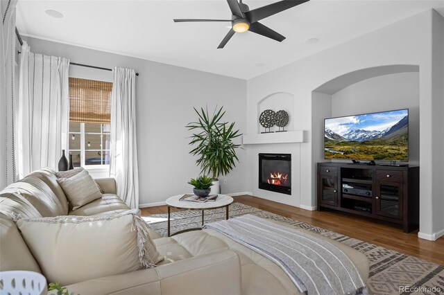 2880 Breezy Ln, Castle Rock, CO 80109 - living room featuring wood finished floors, a ceiling fan, a glass covered fireplace, and baseboards